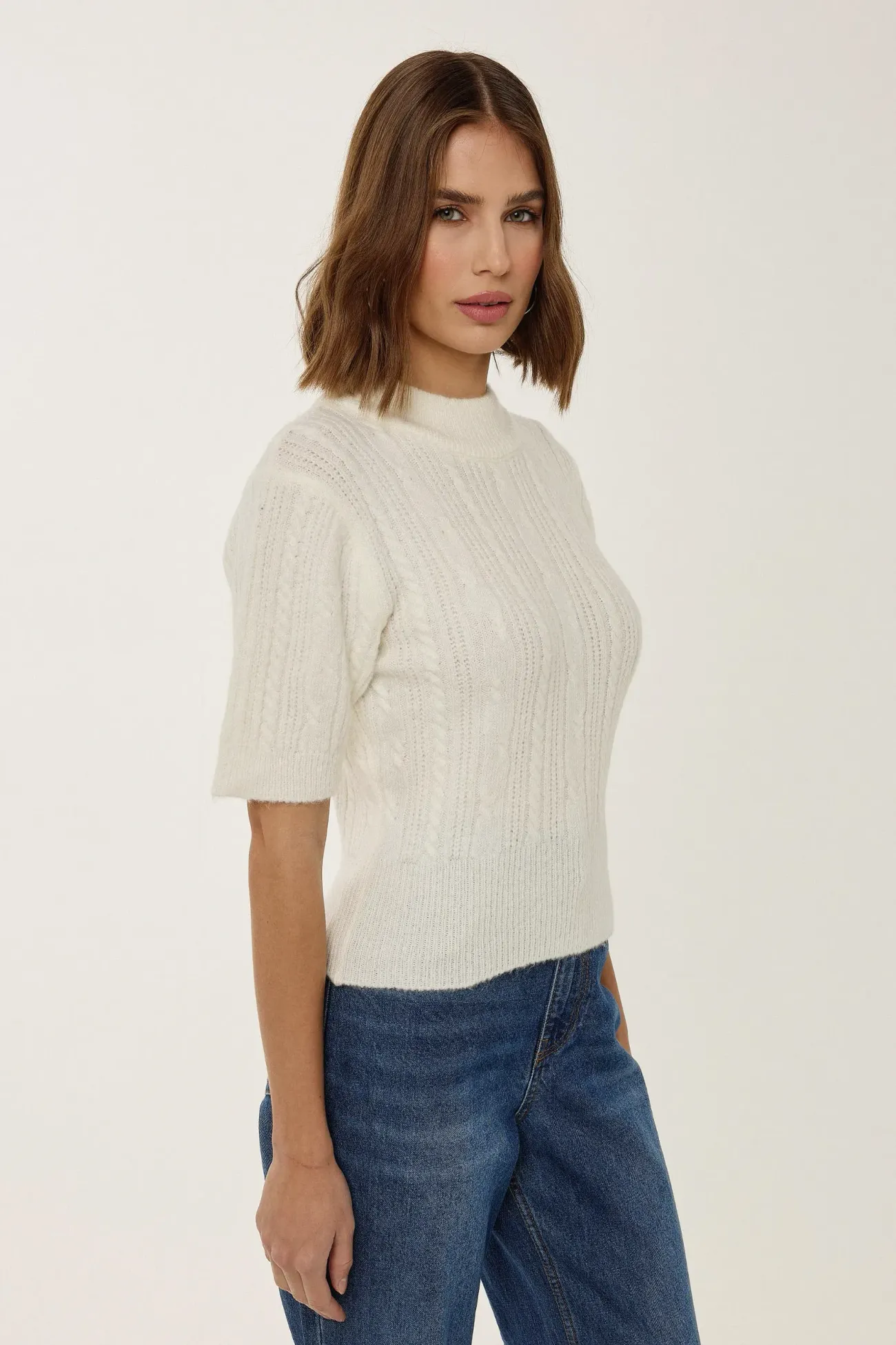 Short Sleeve Half Turtleneck Hair Braid Knit Sweater 4