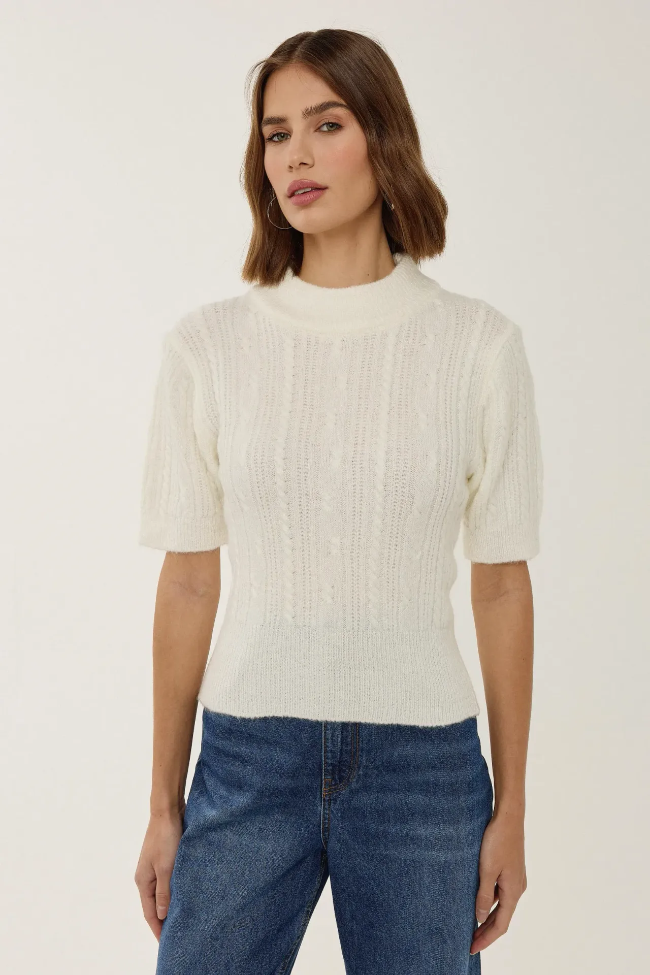 Short Sleeve Half Turtleneck Hair Braid Knit Sweater