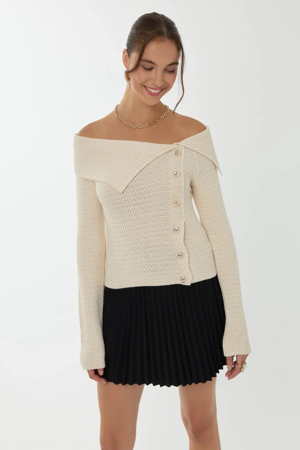 Off Shoulder Button Detail Sweater