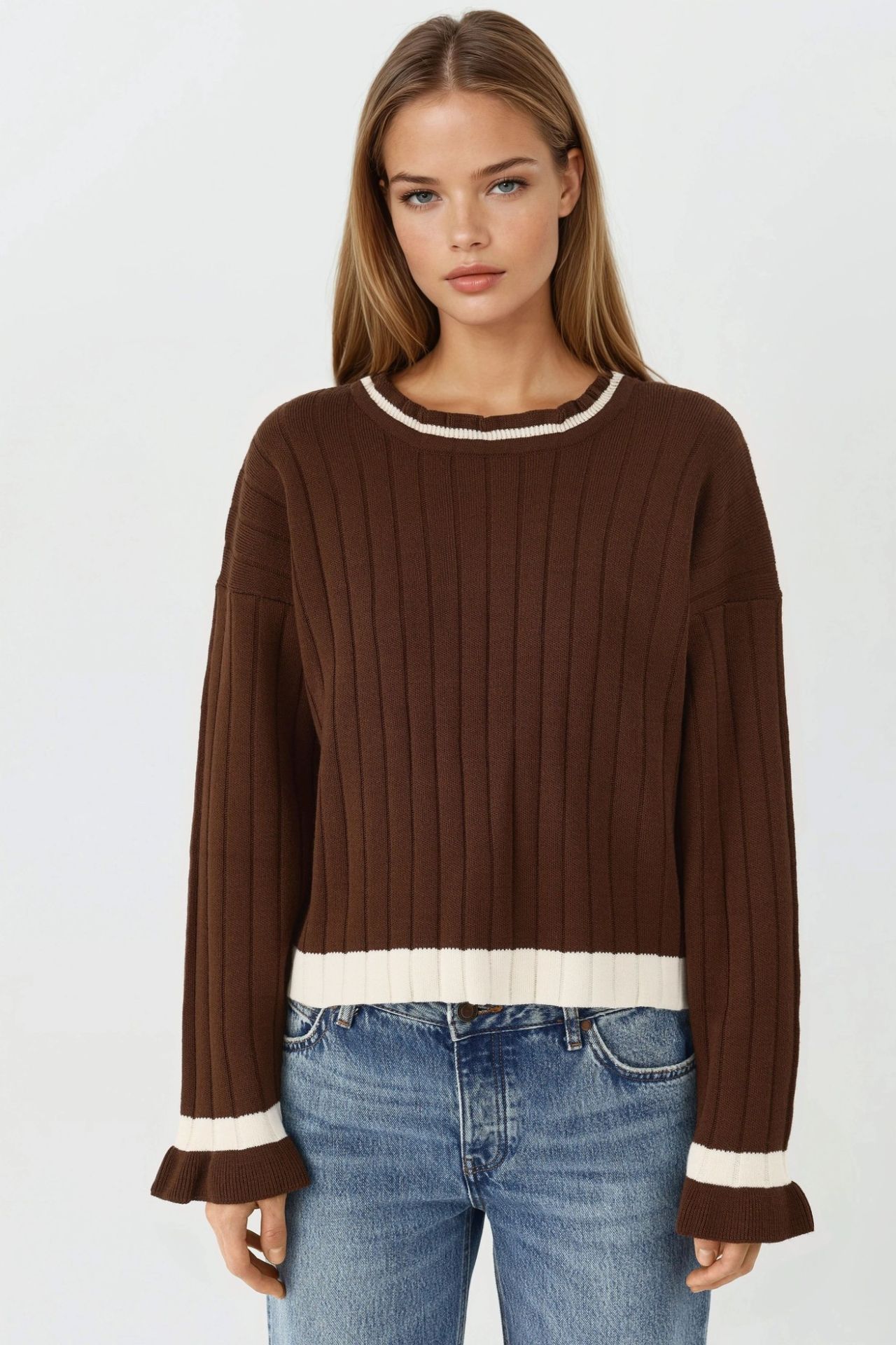 MY FASHION Striped Knit Sweater with Crew Neck 7