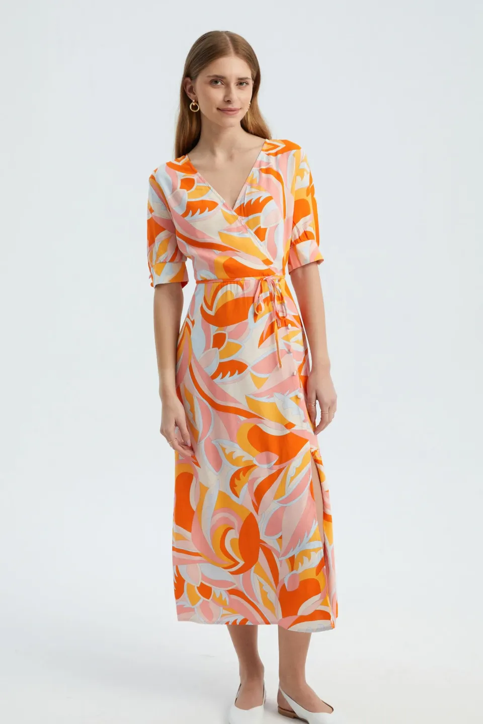 Abstract Surplice Neck Short Sleeve Maxi Dress with a Side Slit