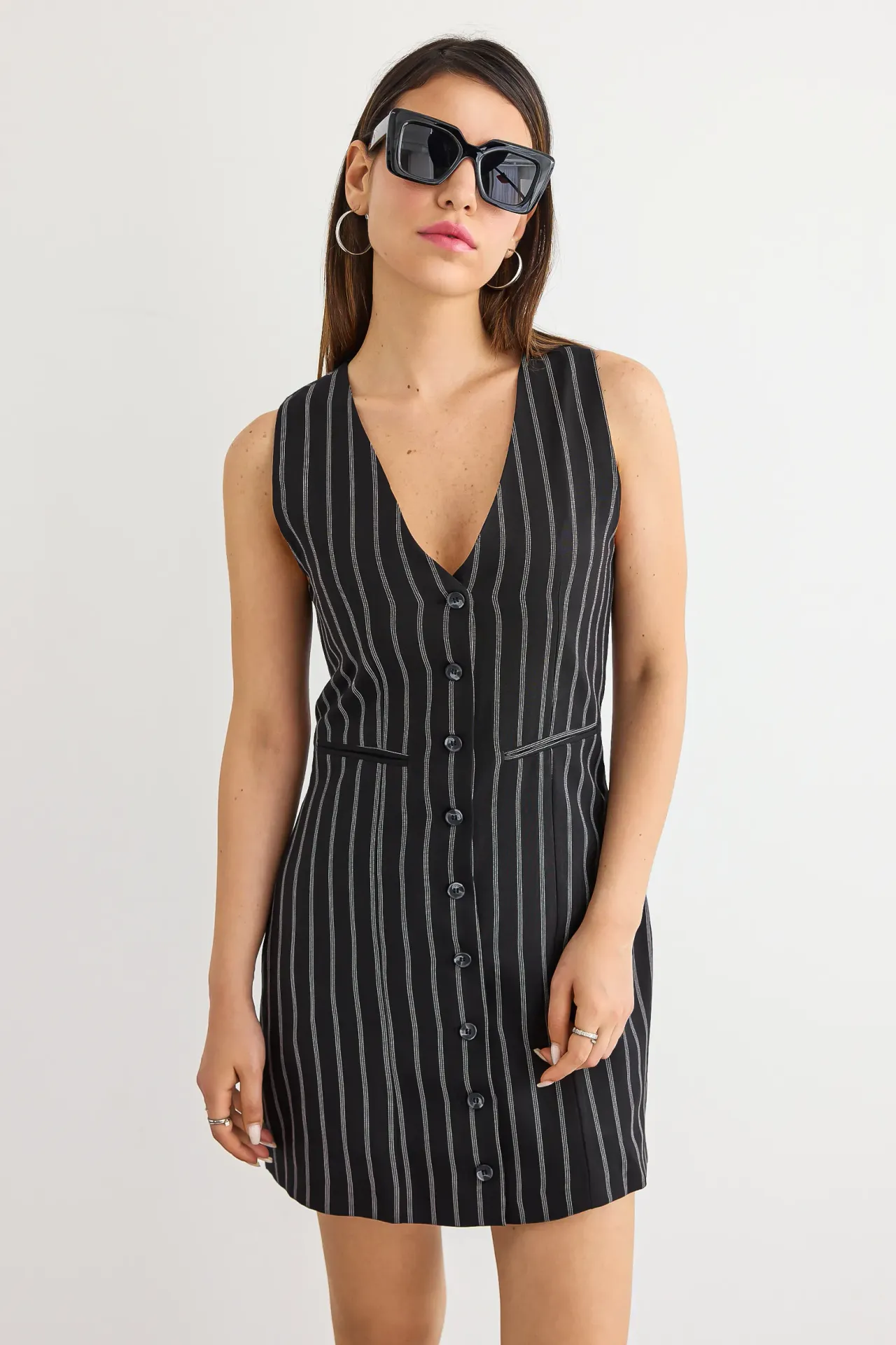 Striped Sleeveless Mini Dress with V-Neck and Buttoned Details
