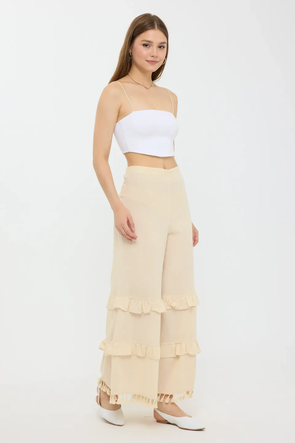 High-Waist Wide-Leg Linen Trousers with Tassel-Hem