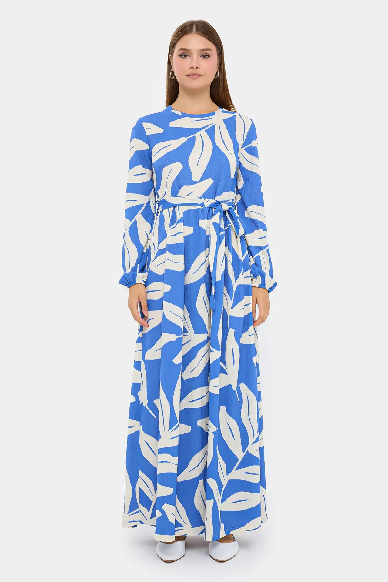 Abstract Print Maxi Dress with Long Sleeves