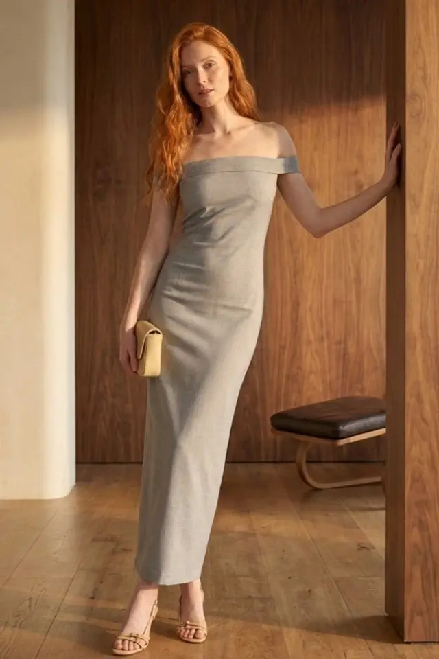 MY FASHION Off Shoulder Bodycon Maxi Dress with Slit