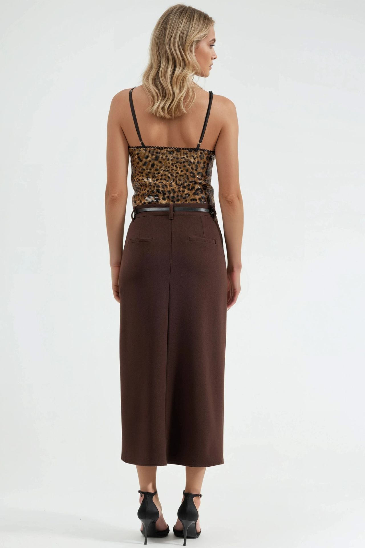 QU STYLE Belted Midi Skirt with Slit 3