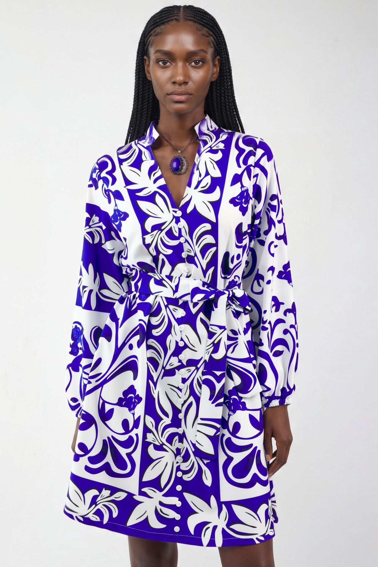 MSN Floral V-Neck Mini Shirt Dress with Belt 4