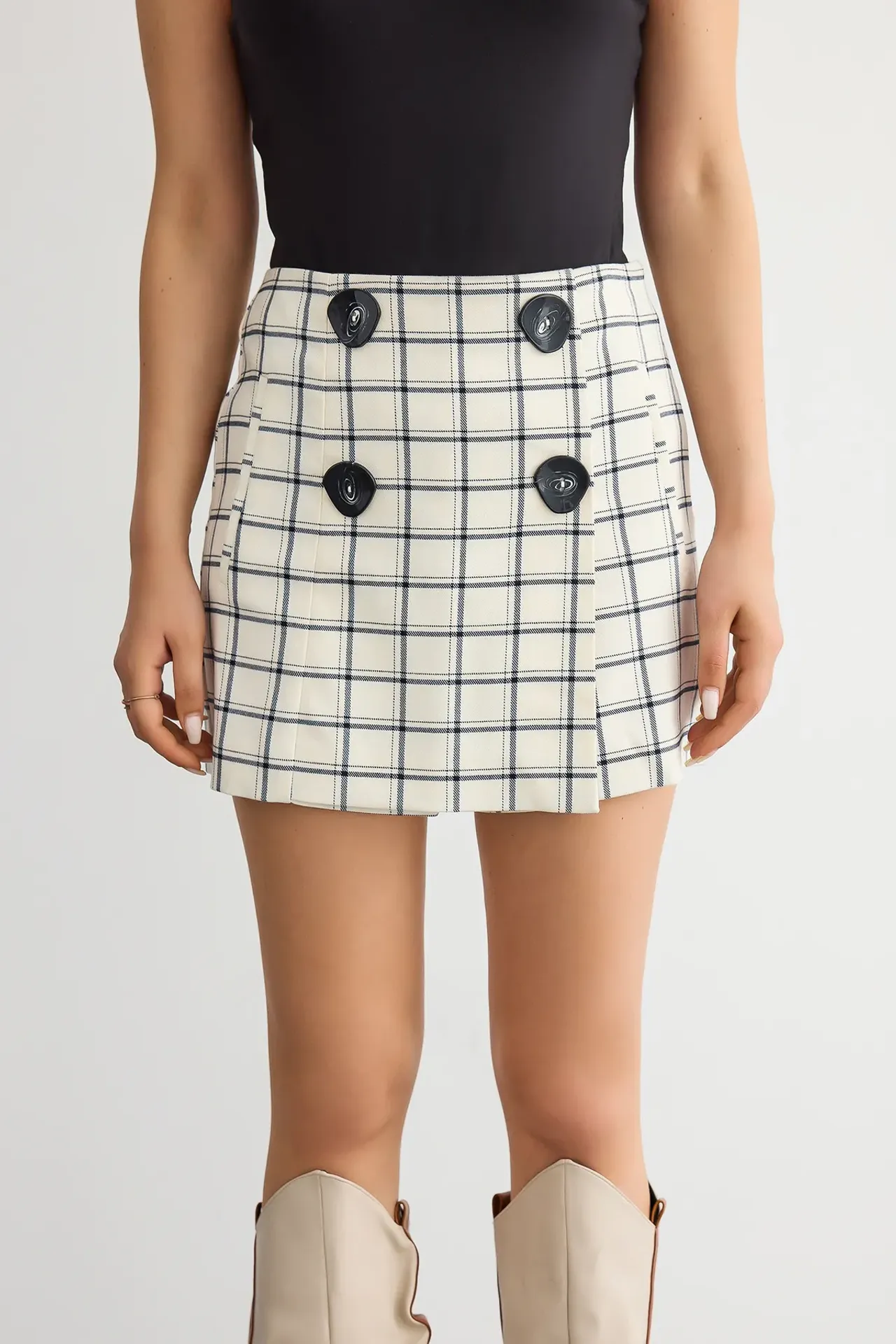 Checked High-Waist Button-Detail Mini Skort
