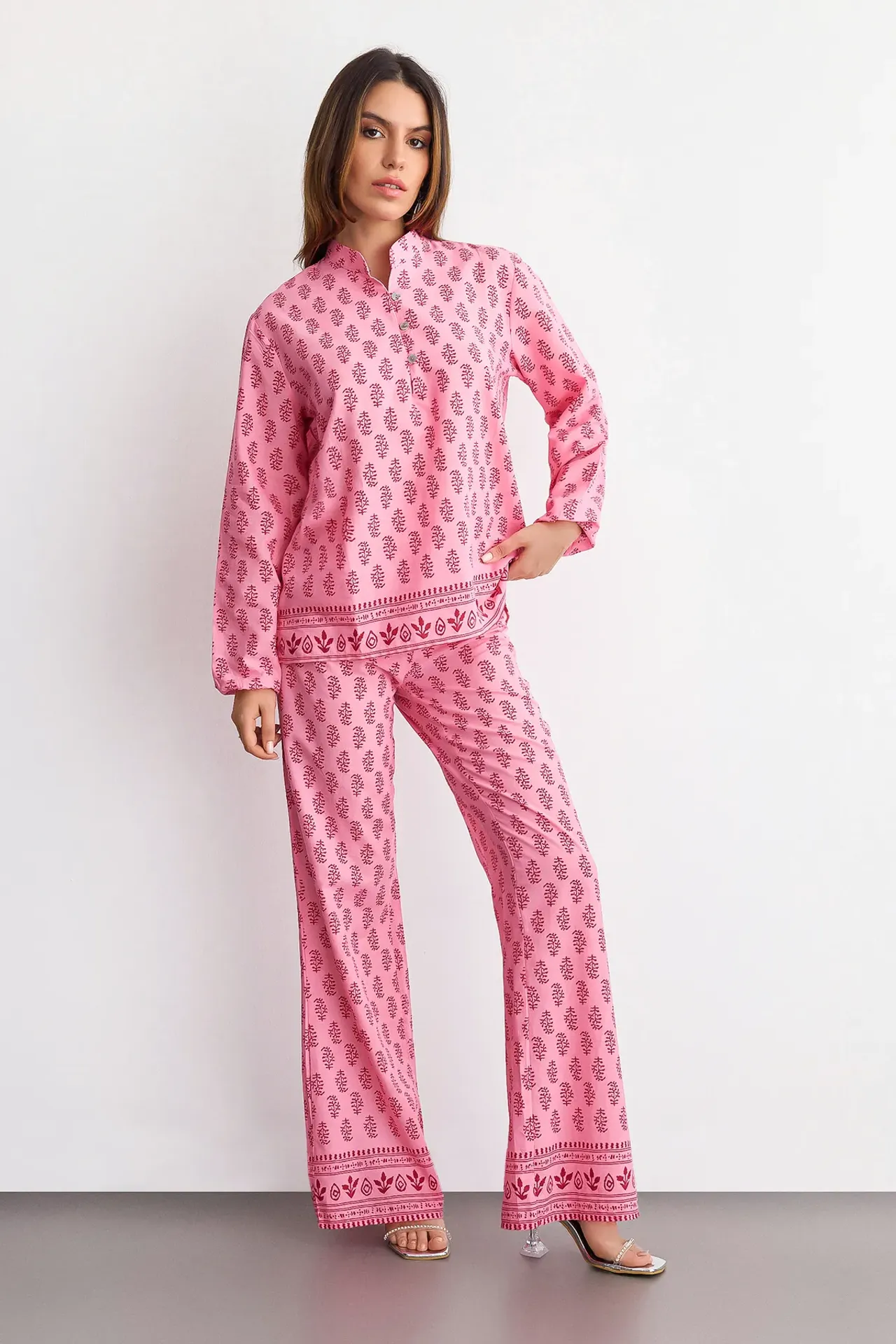 Patterned Cotton Coords with Stand Collar - Long Sleeve