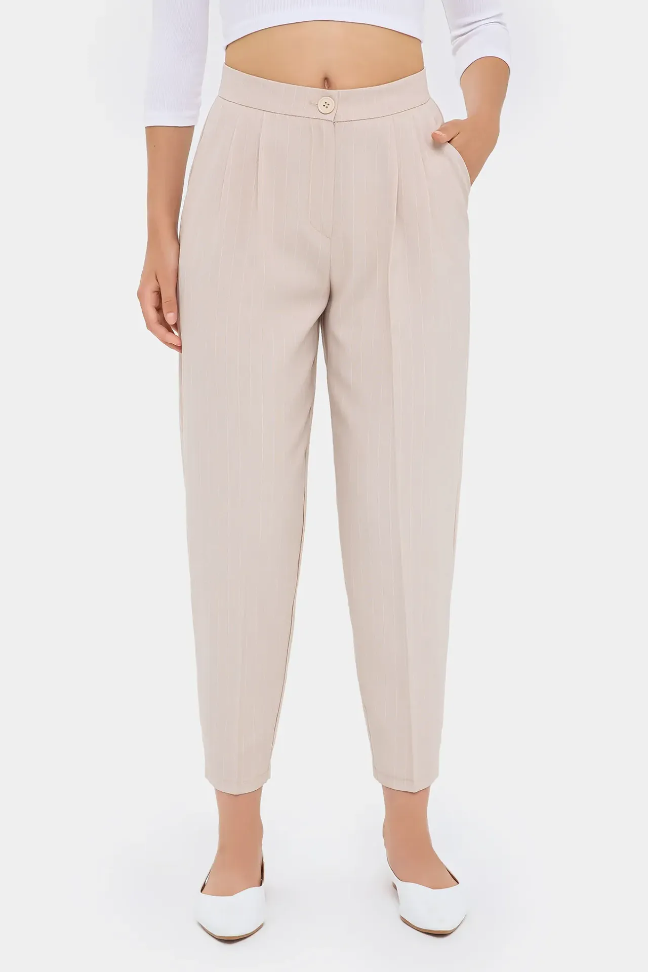 High-Waist Striped Carrot Trousers 