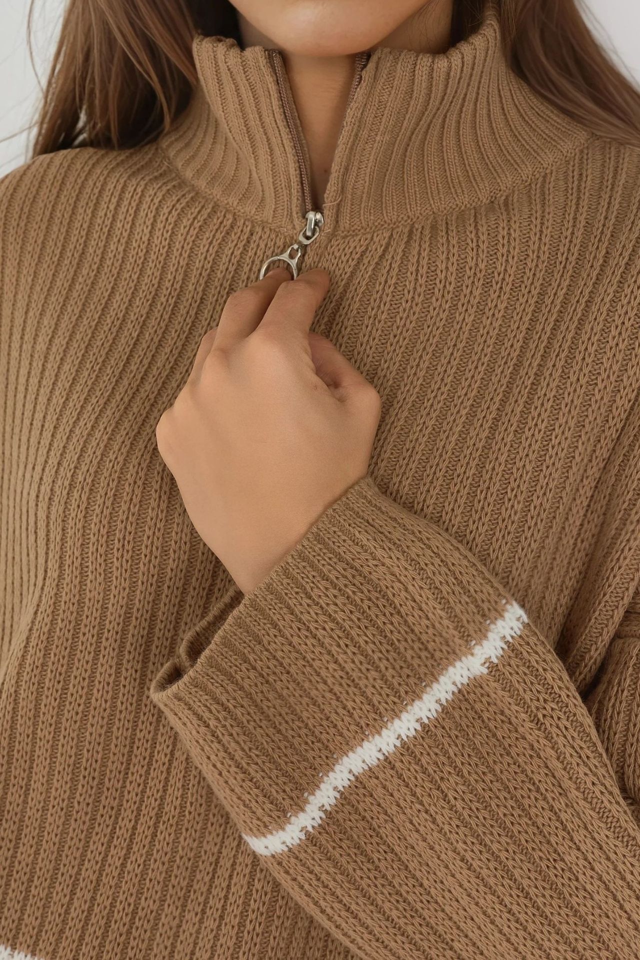MY FASHION Loose Fit Striped Sweater with Zipper Collar 4