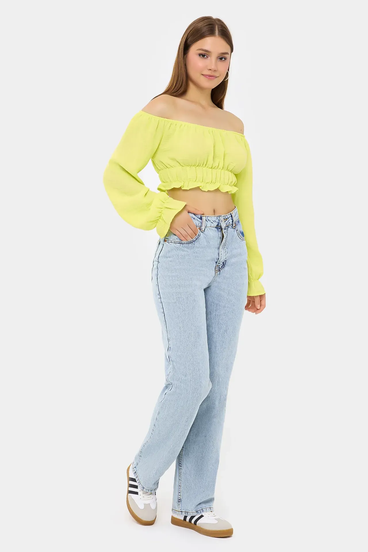 Off-Shoulder Linen Cropped Top with Long Sleeves and Ruffle Detail