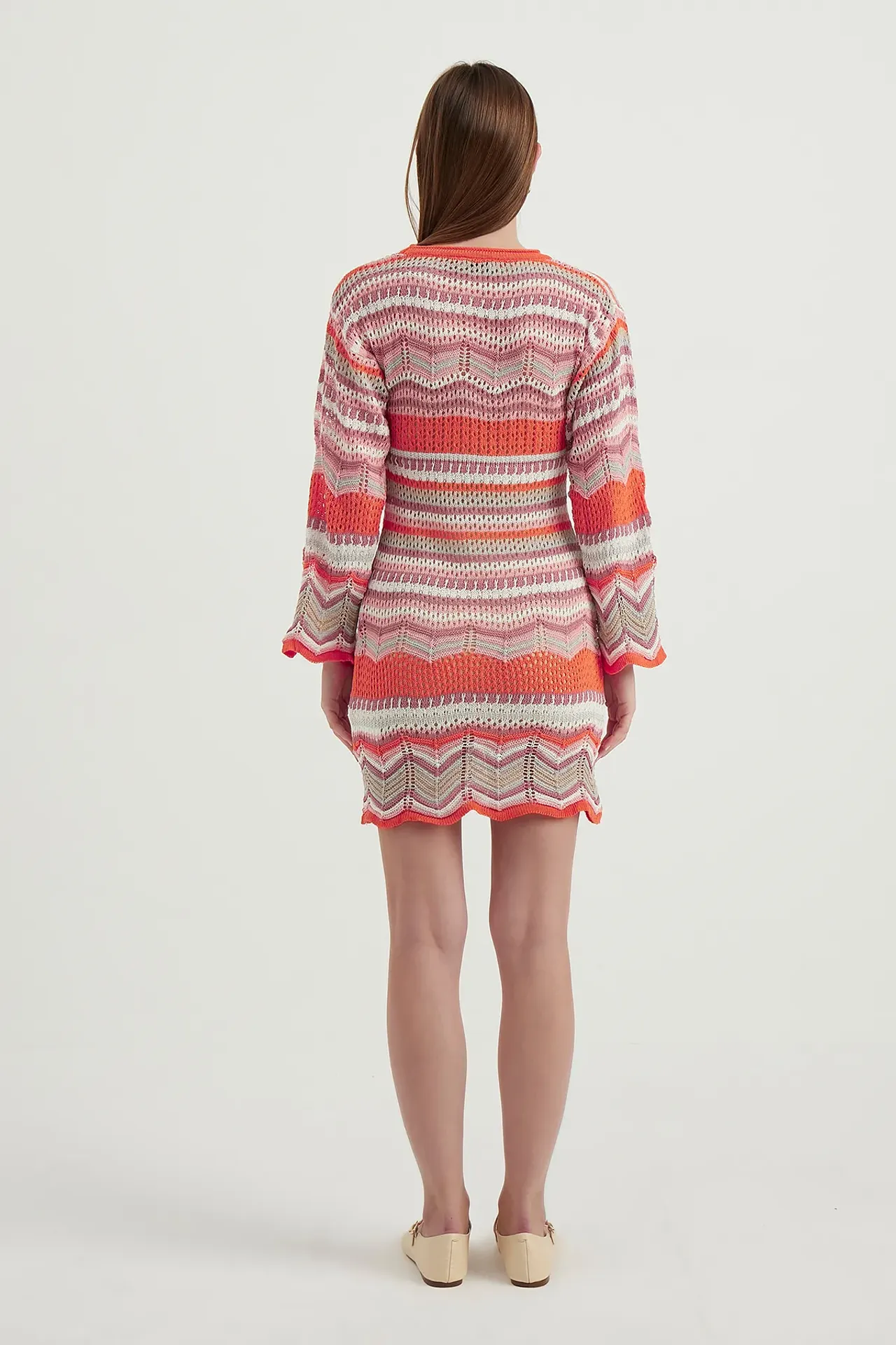 Geometric Crew Neck Crochet Bell Sleeves Mini Dress