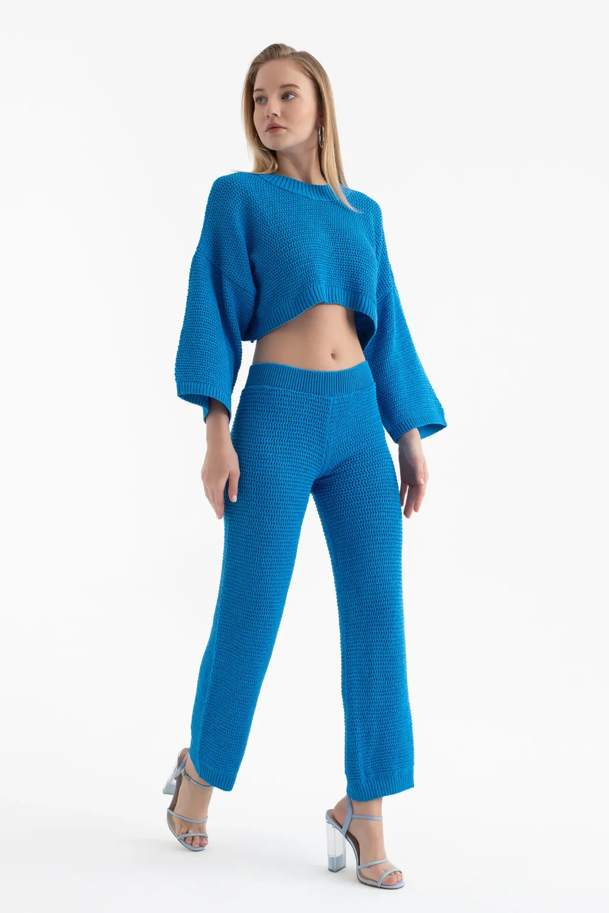 2 Pieces: Crew Neck Knitted Long Sleeve Oversized Top & Mid Rise Straight Leg Trousers