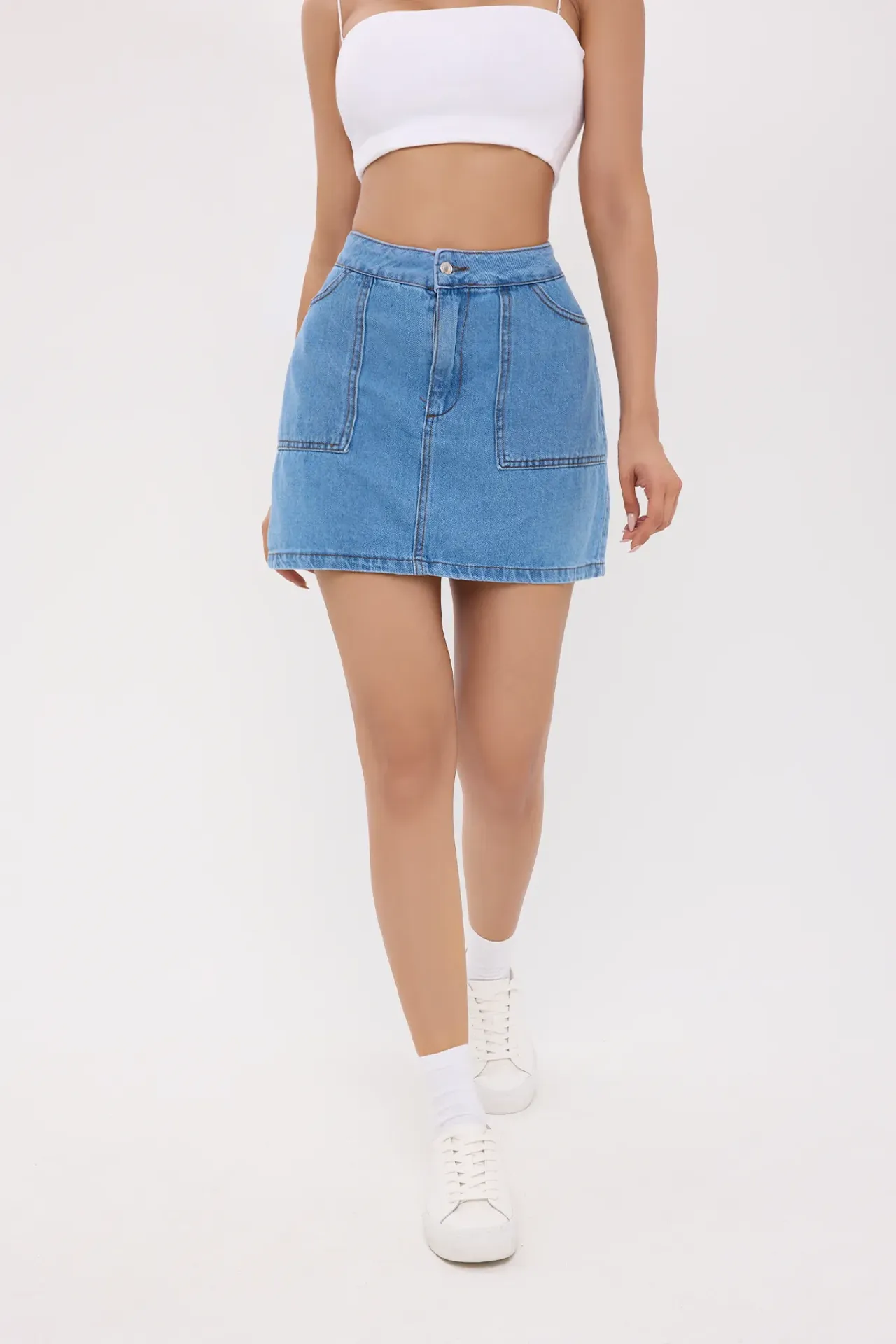 Denim Stitch-Details Mini Skirt with Pocket Detail