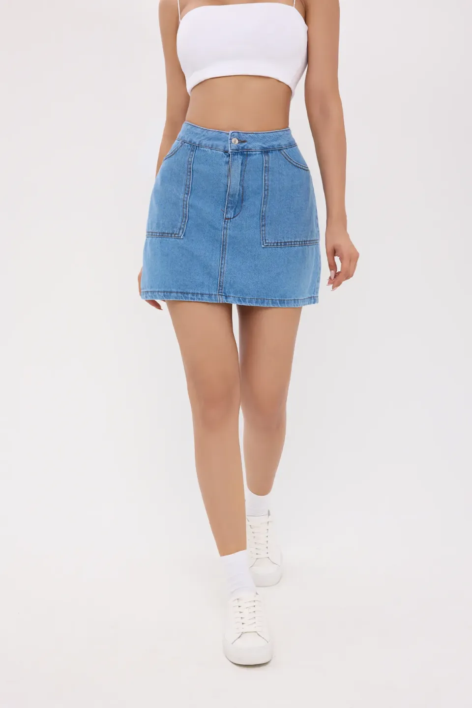 Denim Stitch-Details Mini Skirt with Pocket Detail