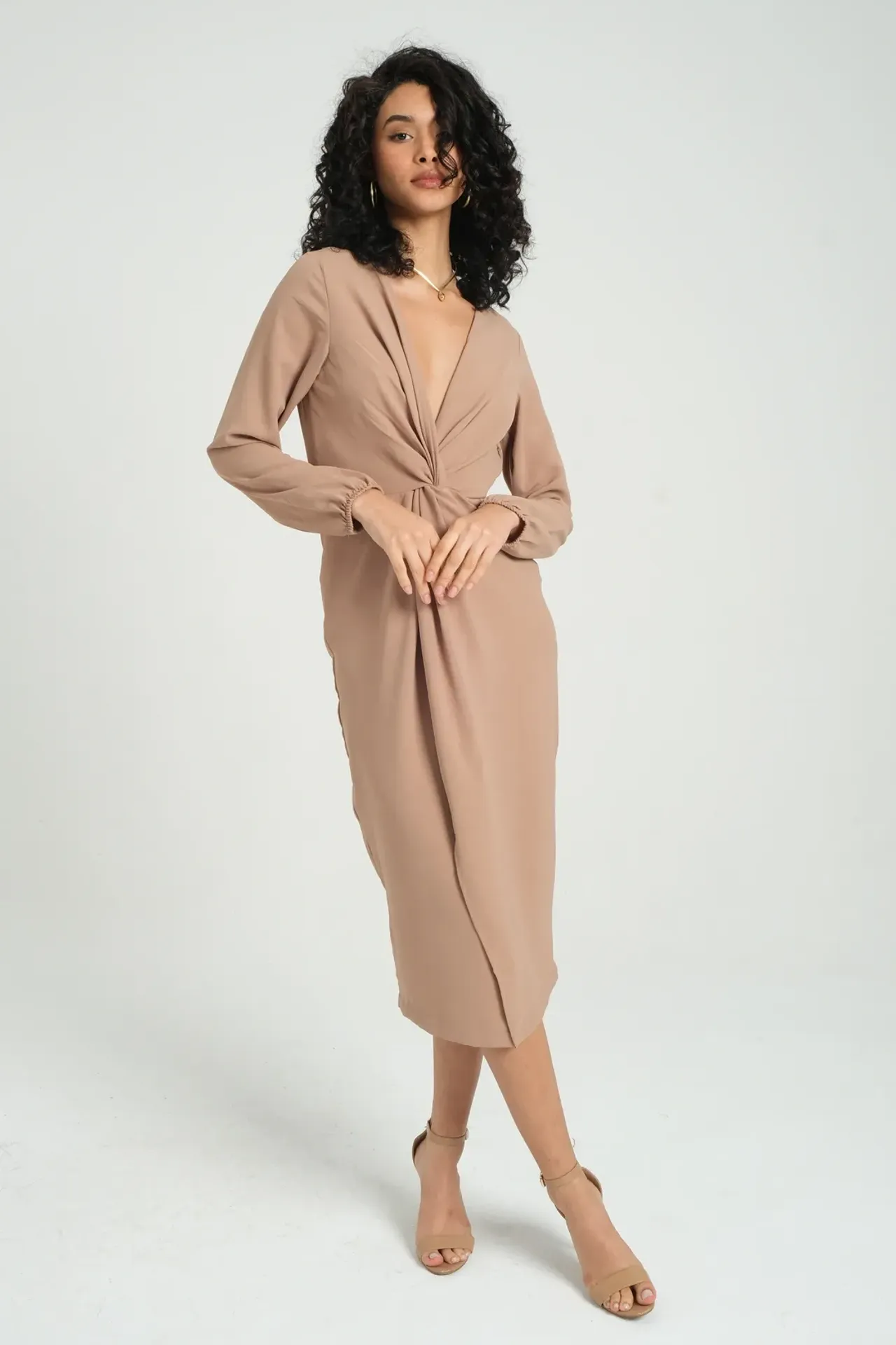 V Neck Long Sleeve Midi Dress with a Pleated Front