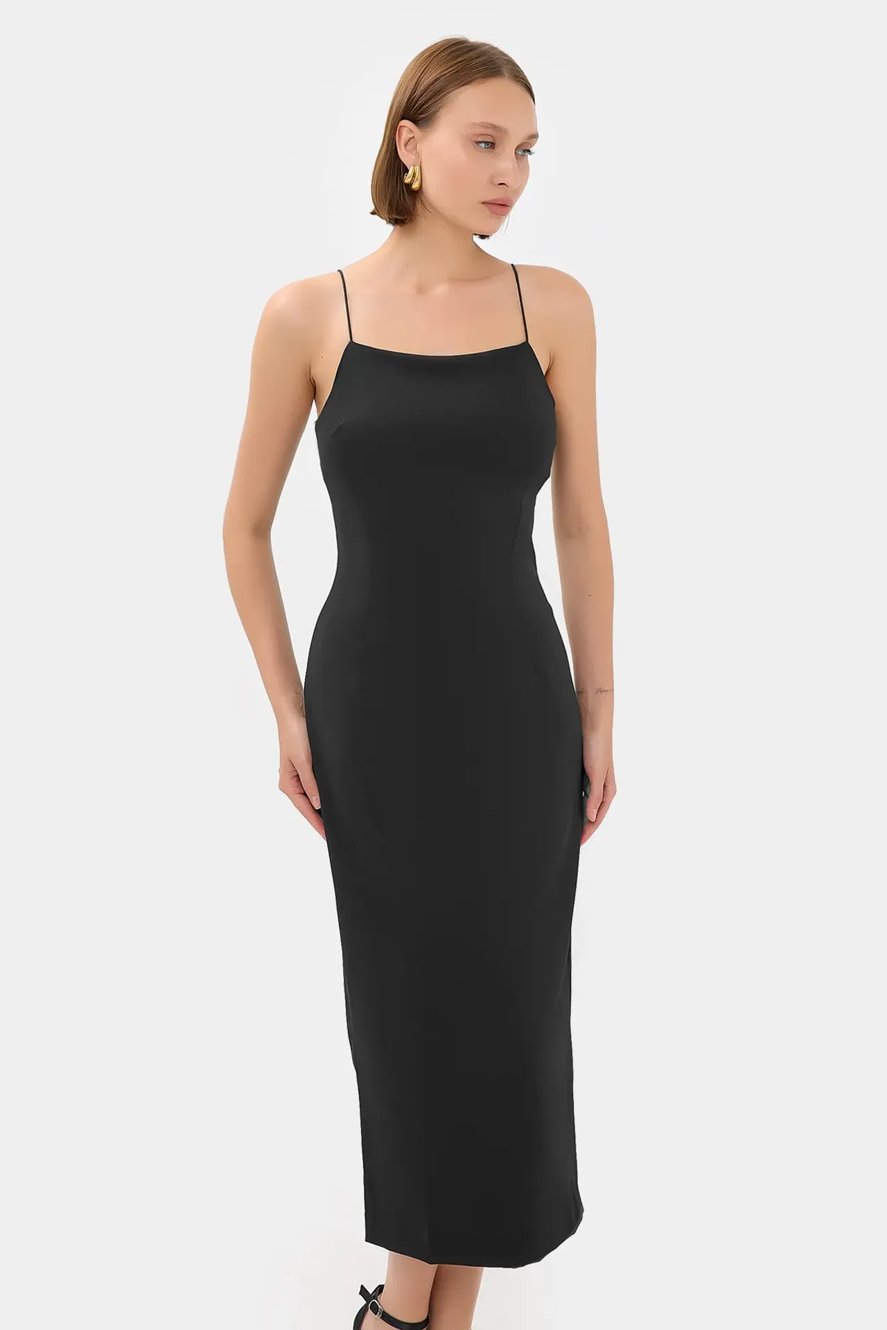 Solid Spaghetti-Strap Midi Dress with Slit