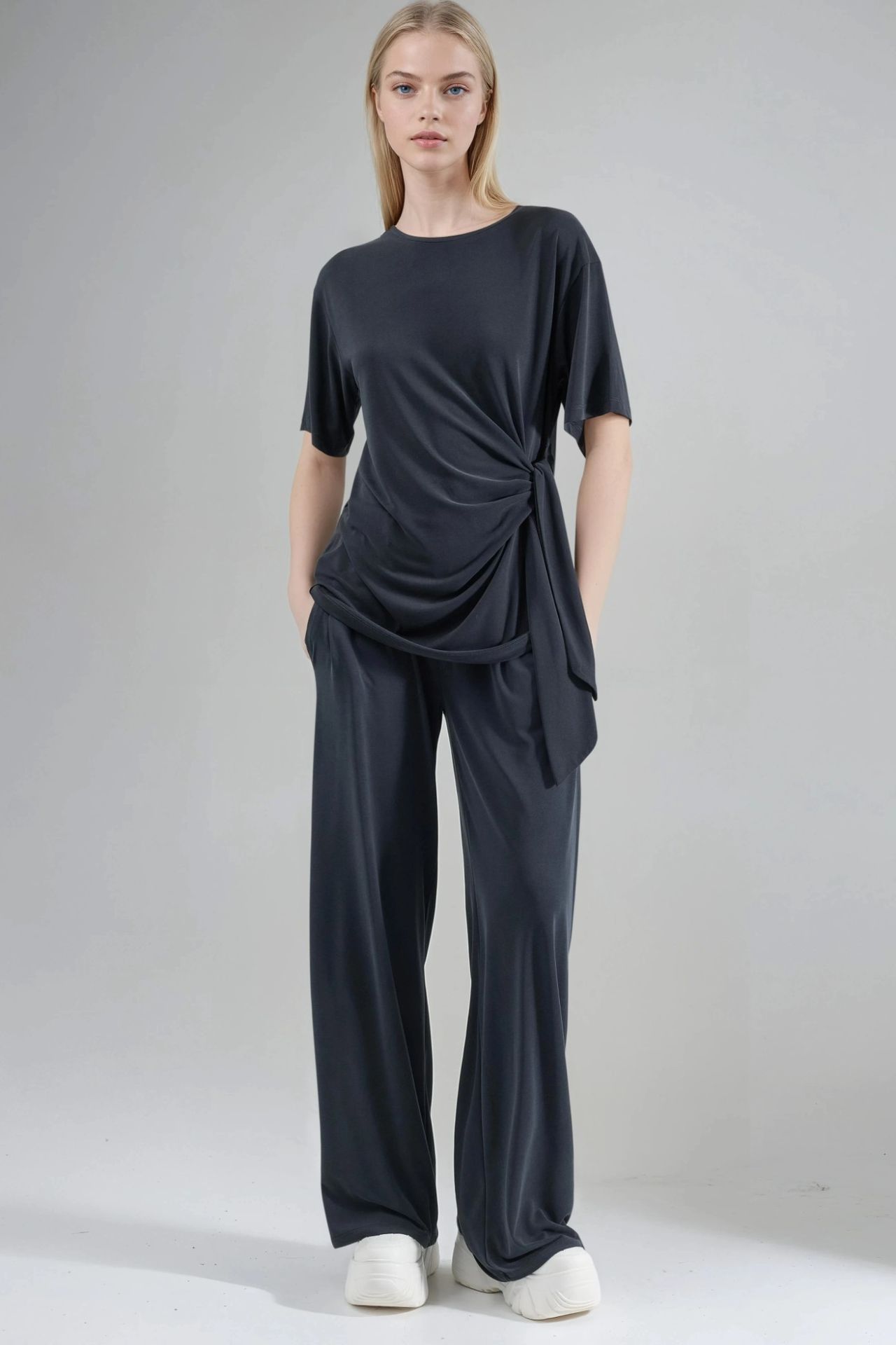 BUSEM Loose Fit Crew Neck Modal Blouse with Tie Detail 4