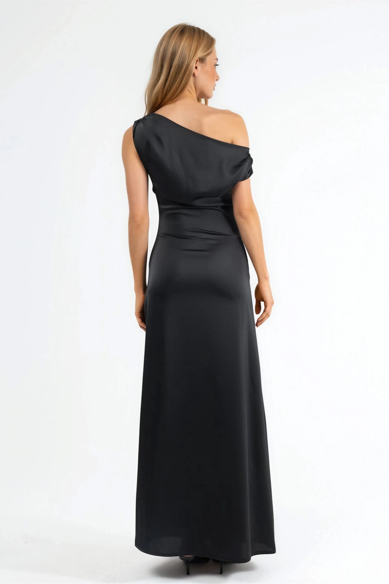 Asymmetrical Collar Bodycon Satin Maxi Dress 4