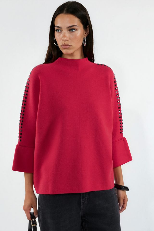 Mock Neck Knit Sweater with Stone Accessory Detail