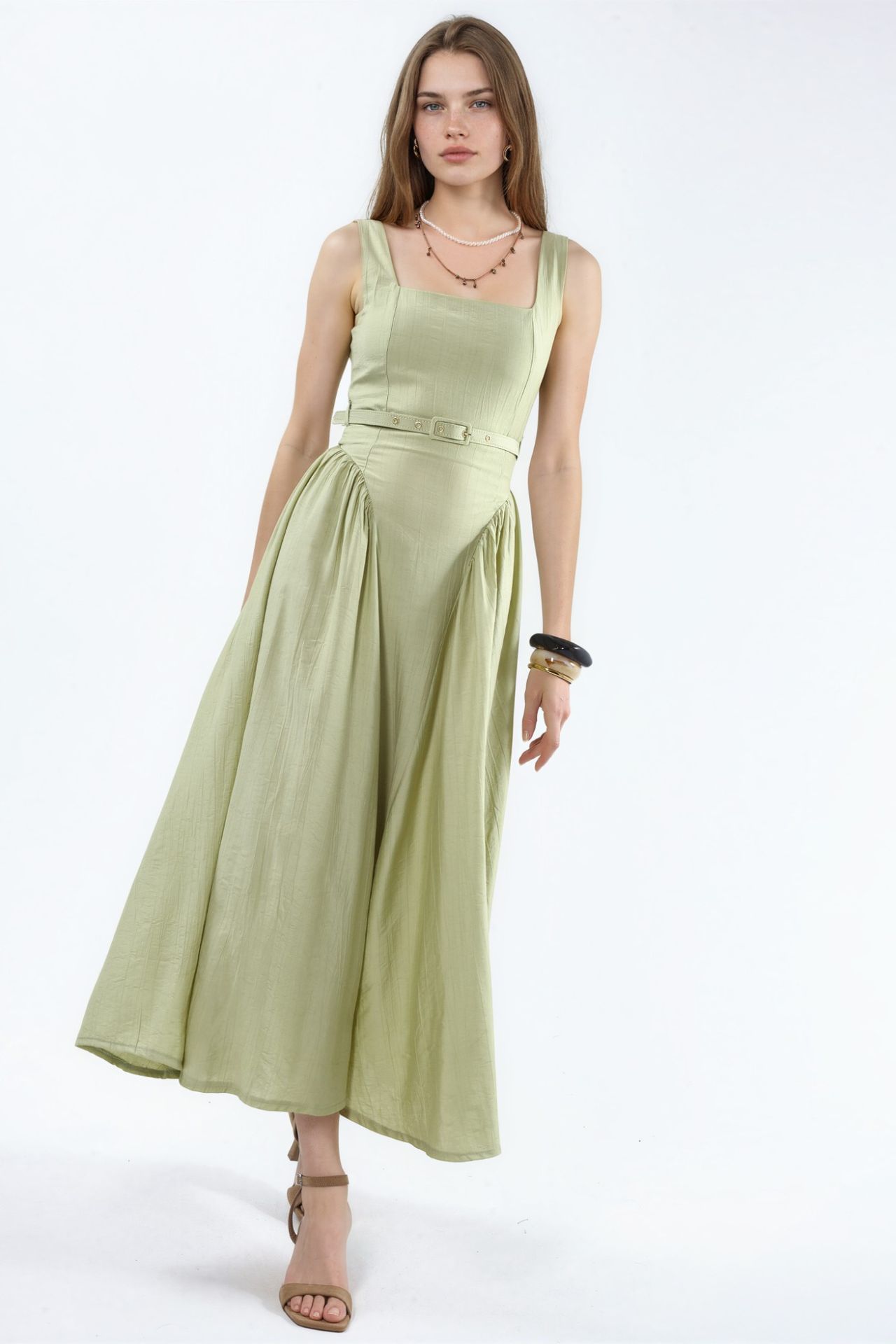 BUSEM Square Collar Belted Midi Dress