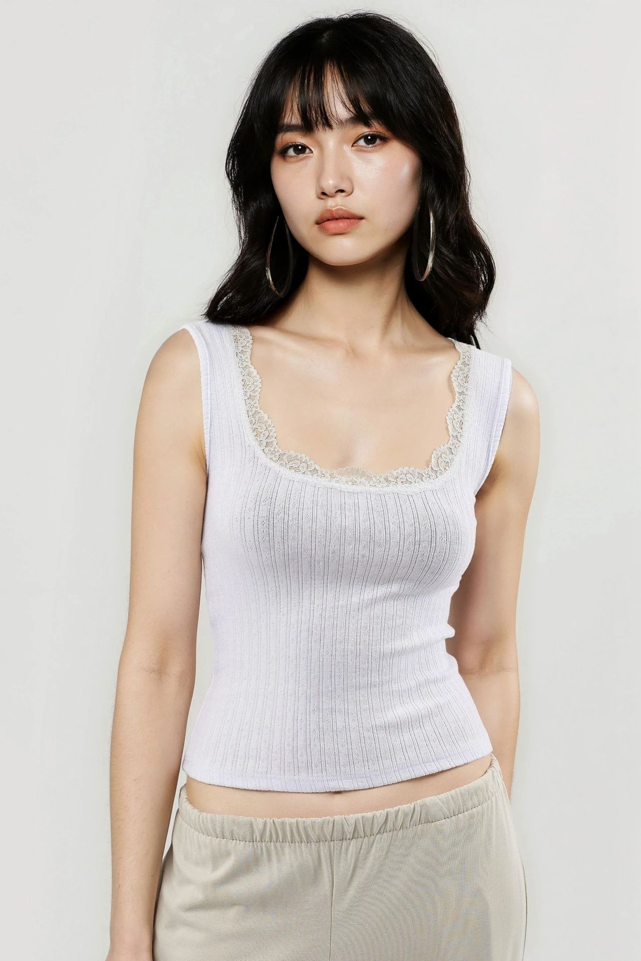 HiCCUP - White Busem Lace Detail U Collar Tank Top Women