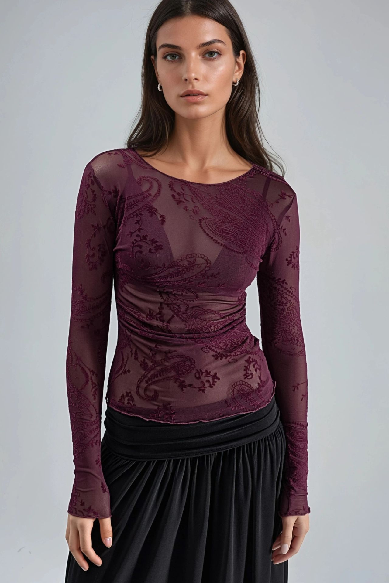 BUSEM Fitted Long Sleeve Flock Print Tulle Blouse 1