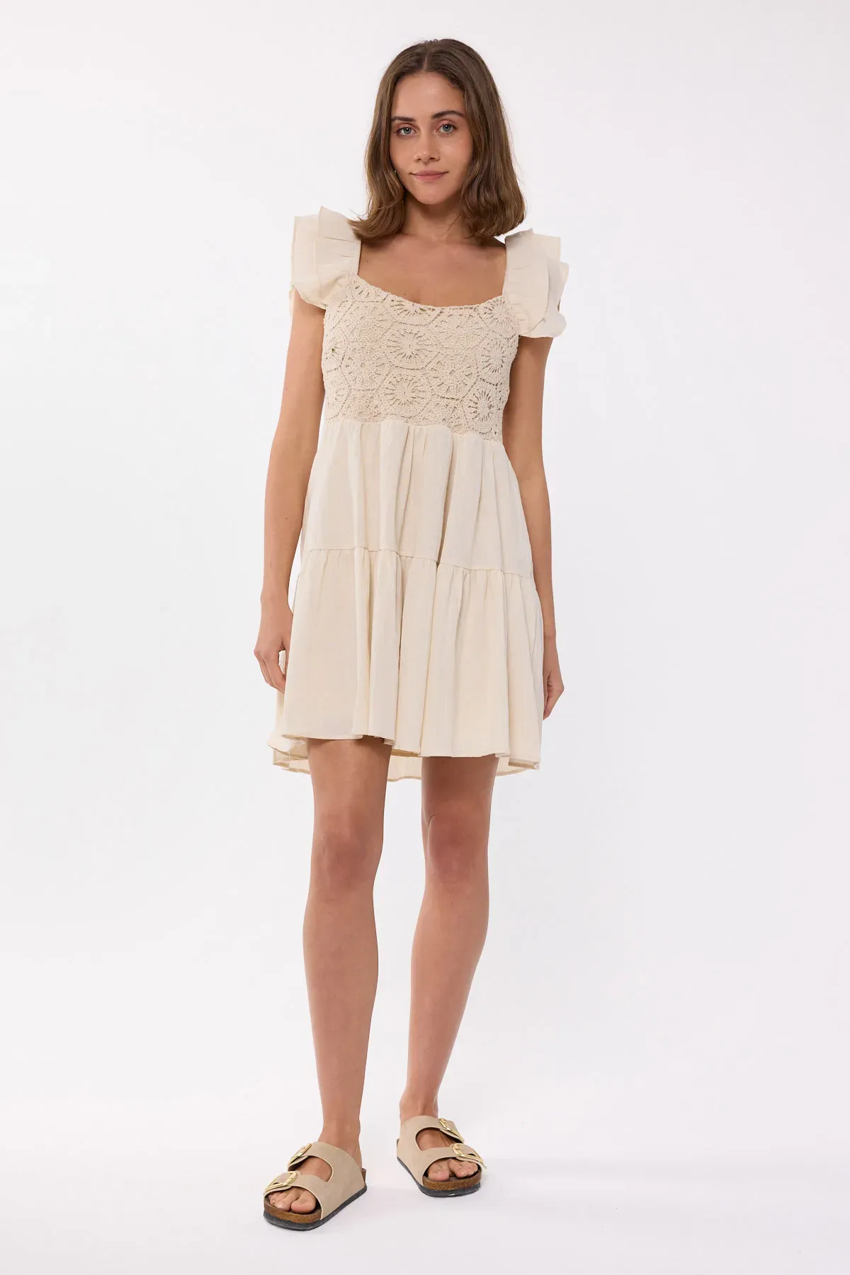 Crochet Tiered Mini Dress with Flutter Sleeves 2
