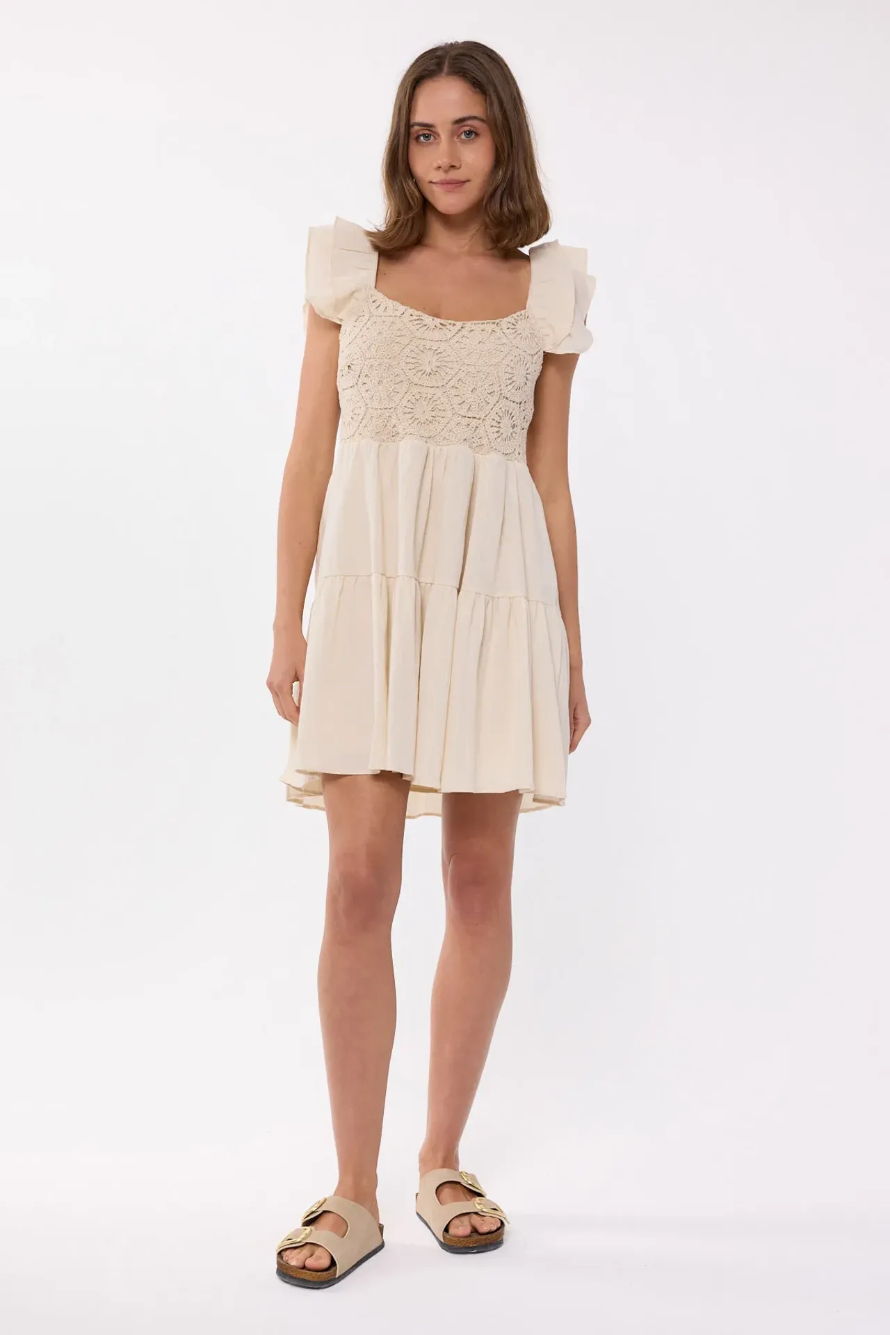 Crochet Tiered Mini Dress with Flutter Sleeves