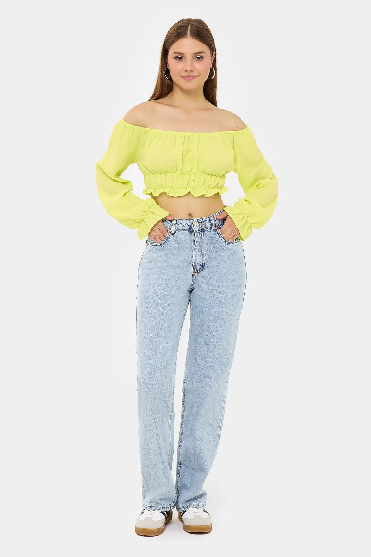 Off-Shoulder Linen Cropped Top with Long Sleeves and Ruffle Detail