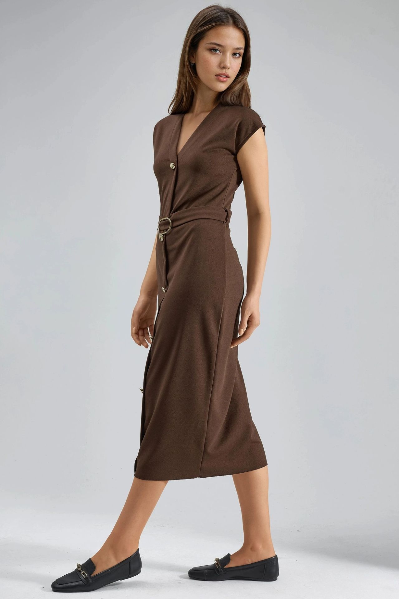 BUSEM Belted Midi Dress with V-Neck 5