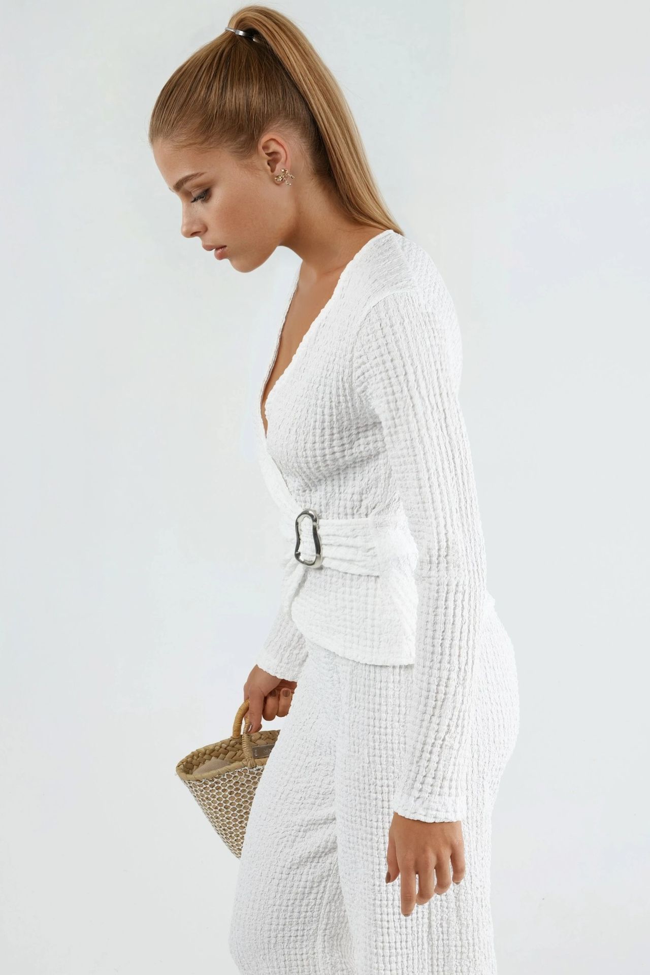 BUSEM Textured V-Neck Wrap Top with Belt 2