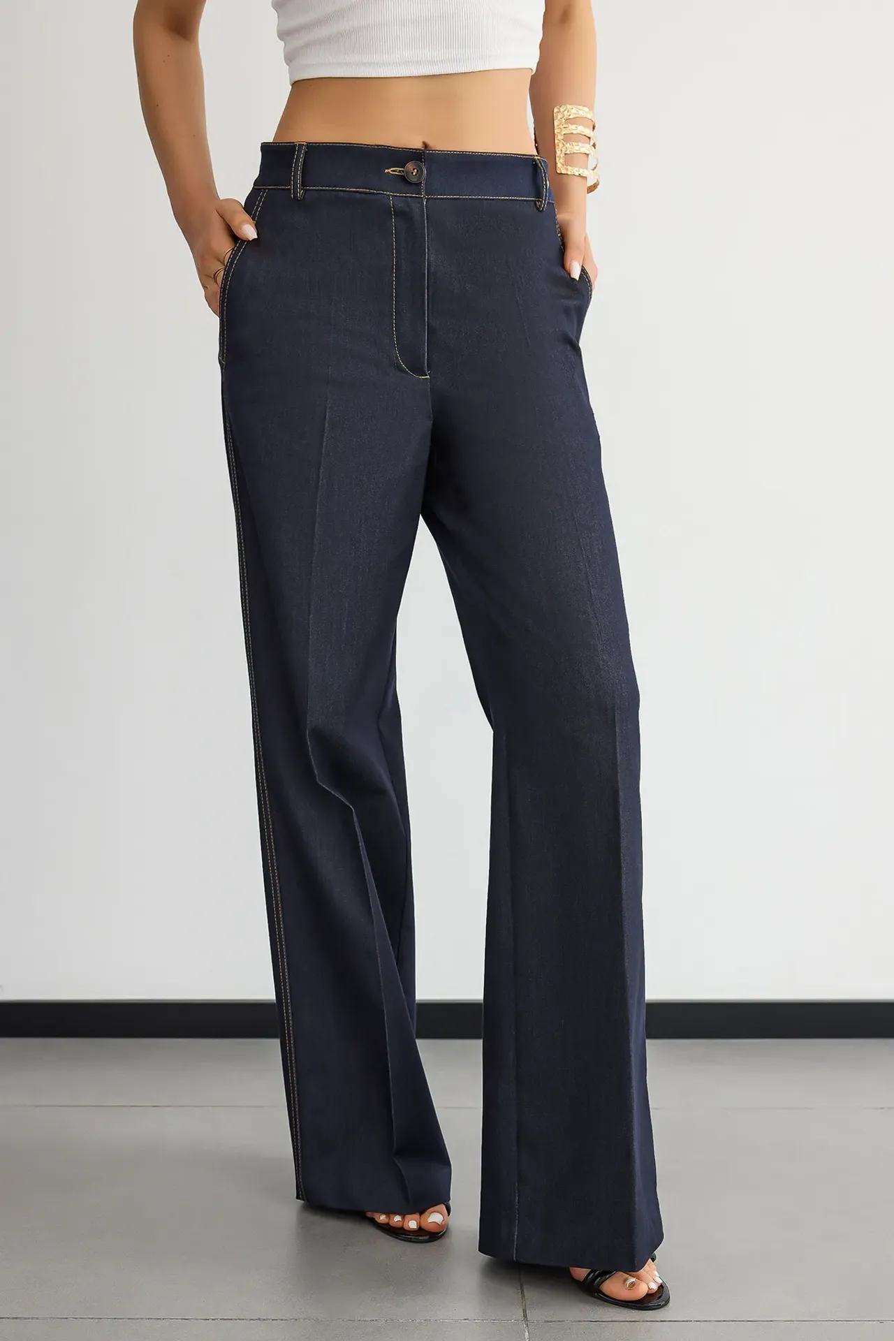 High-Waist Straight-Leg Trousers with Stitch Details