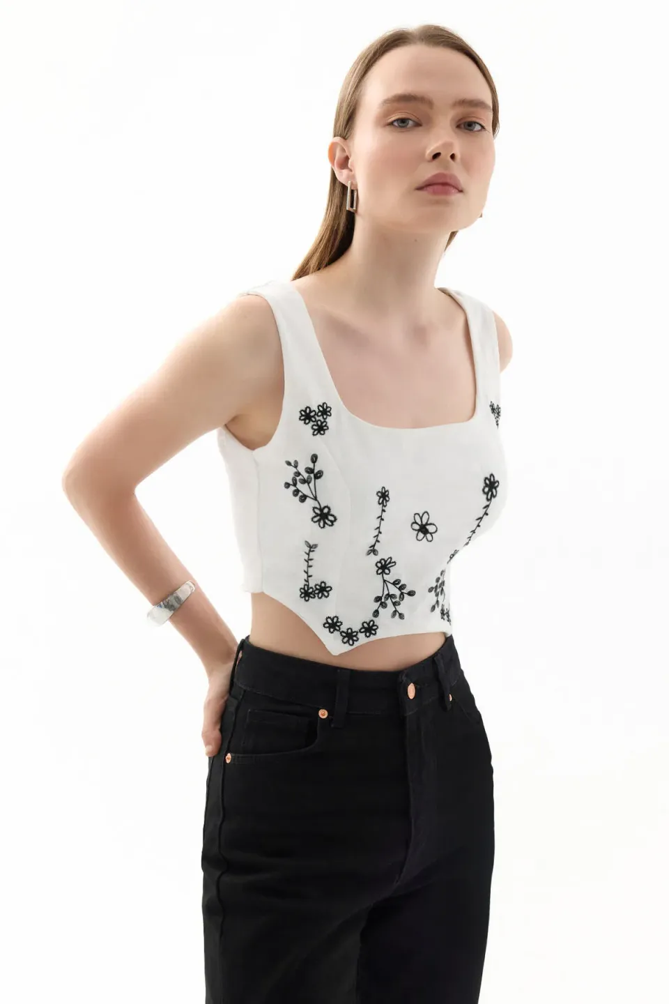Floral Print Corset Round Neck Sleeveless Top