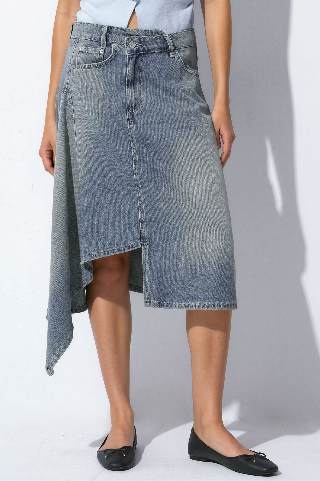 Asymmetric Wash Effect Denim Midi Skirt 8