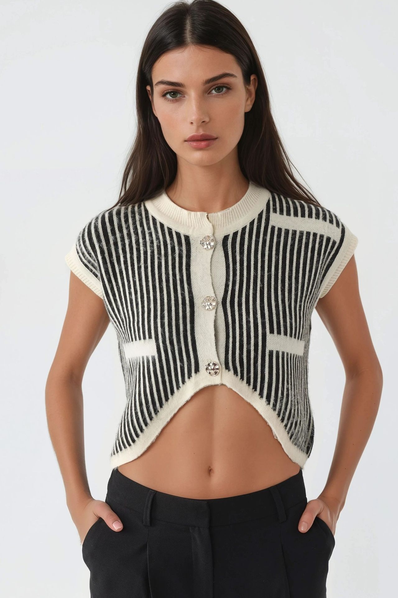 MY FASHION Striped Ribbed Knit Crop Top with Button Closure 7
