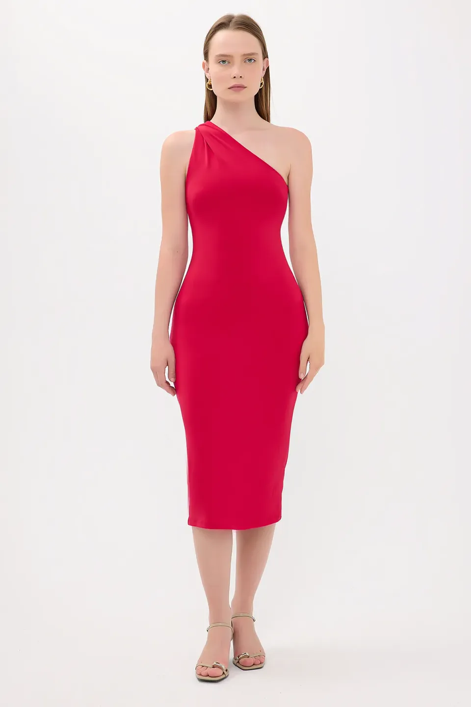 One-Shoulder Solid Midi Dress
