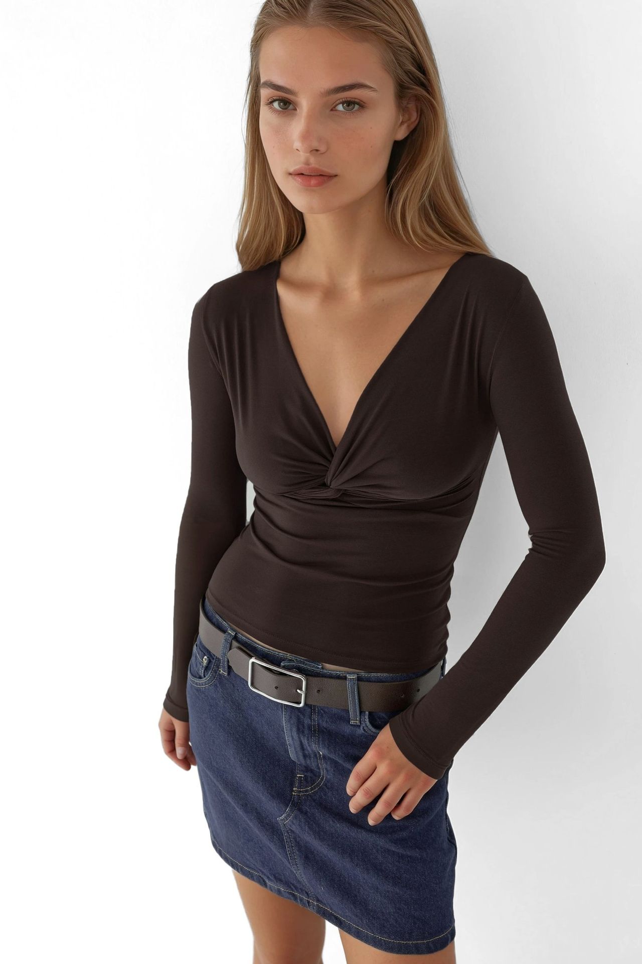 V-Neck Twist-Front Long Sleeve Top