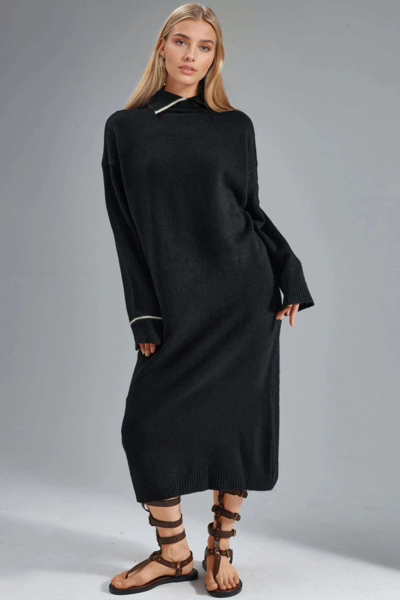 MY FASHION Polo Collar Ribbed Midi Knit Dress 1