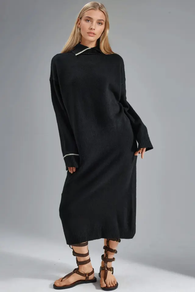 MY FASHION Polo Collar Ribbed Midi Knit Dress