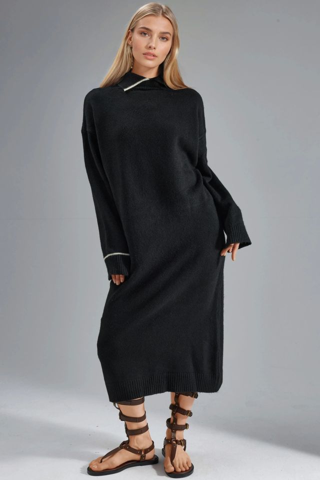 MY FASHION Polo Collar Ribbed Midi Knit Dress
