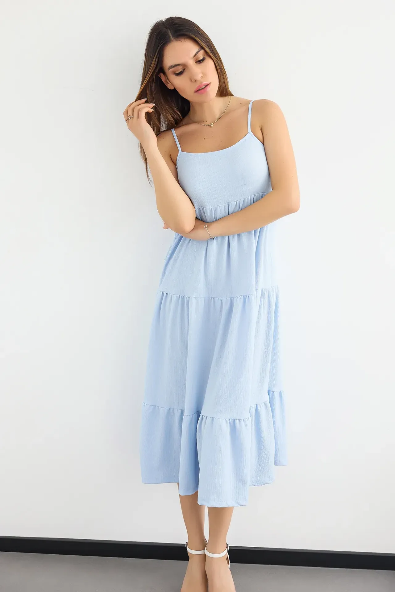 Spaghetti Strap Tiered Midi Dress