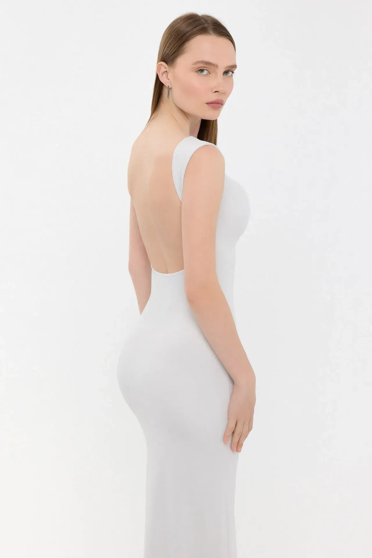 Bodycon Maxi Dress with Round Neck and Backless Detail