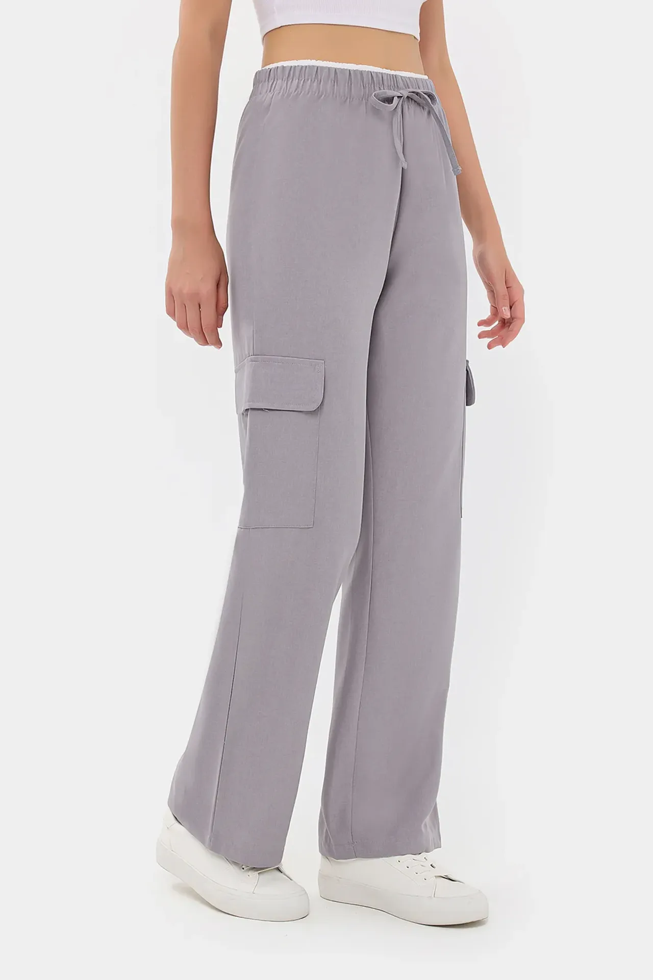 High-Waist Straight-Leg Trousers with Elastic Waistband and Belt Detail