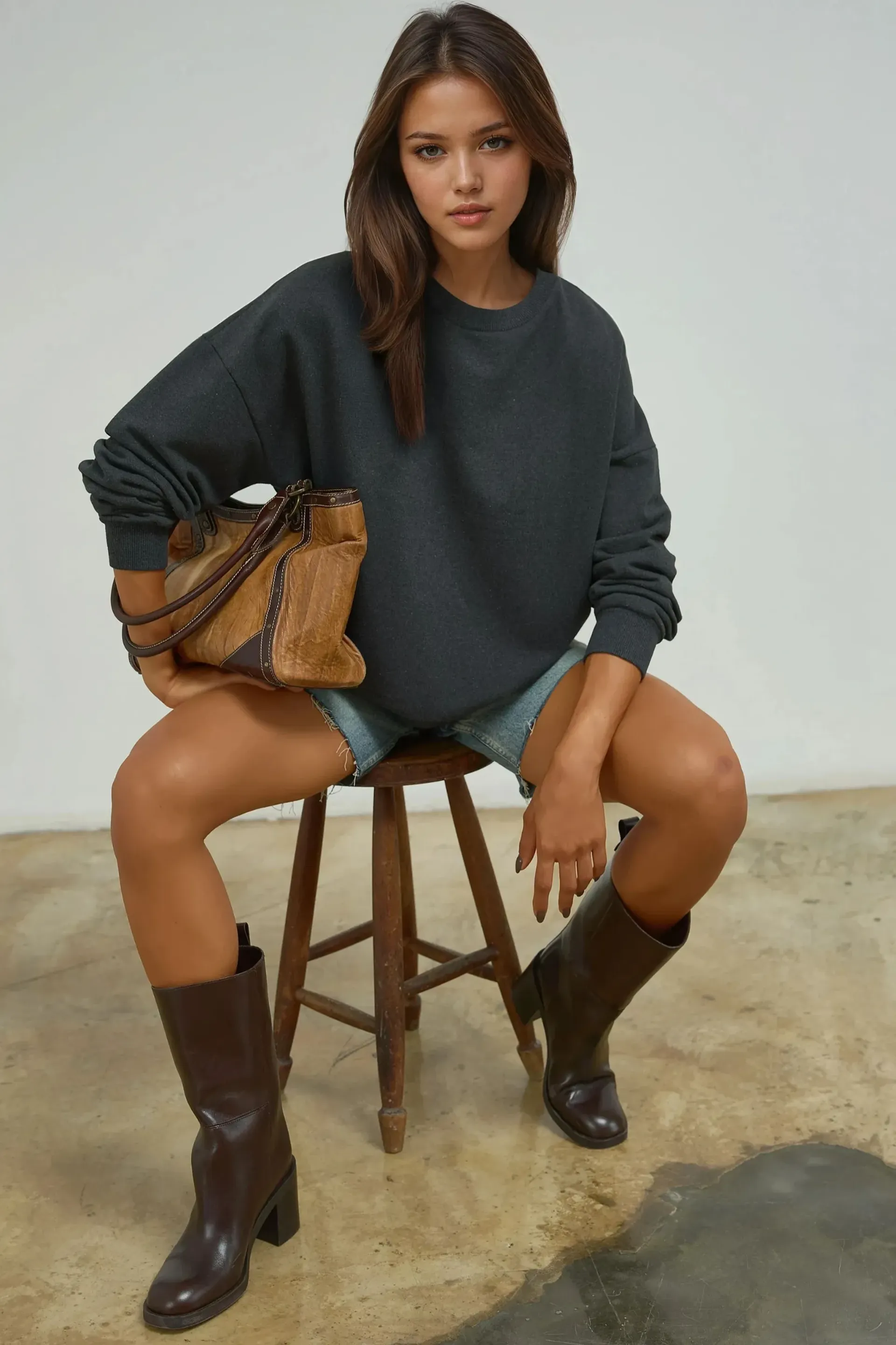 Grey Oversized Crew Neck Basic Sweatshirt Women