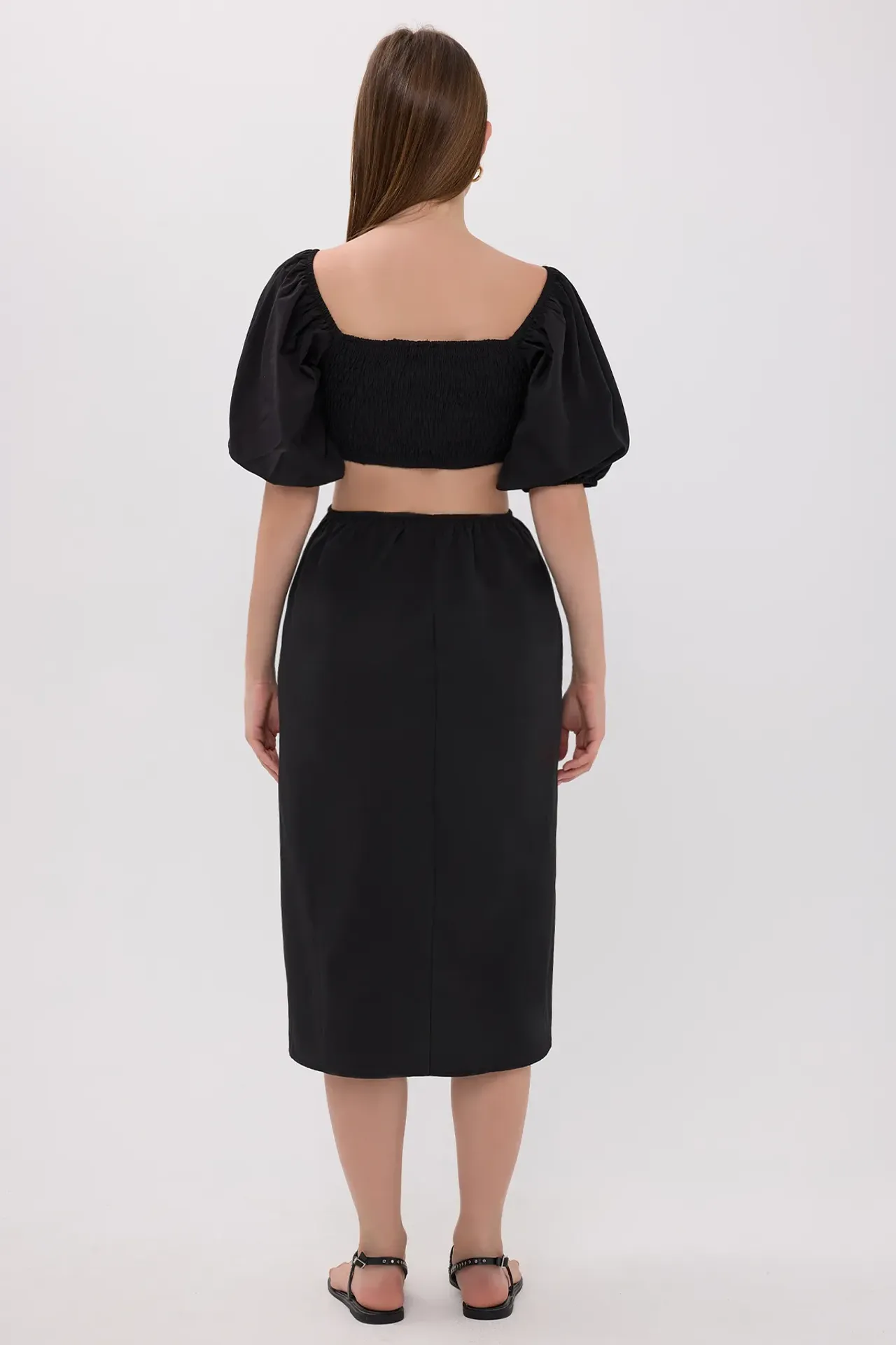 Cotton Square-Neck Midi Dress with Waist Detail