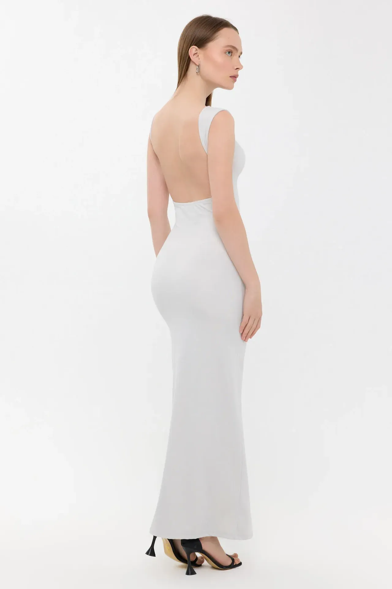 Bodycon Maxi Dress with Round Neck and Backless Detail