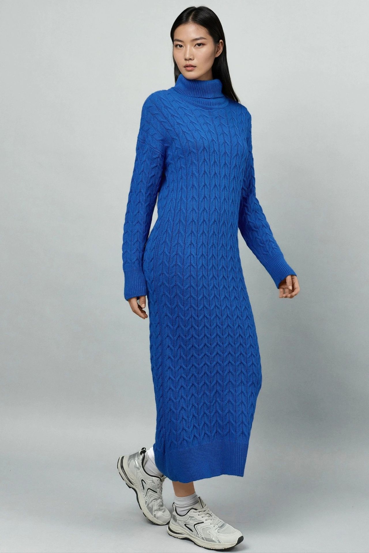 MY FASHION Long Sleeve Turtleneck Hair Braid Knit Dress 3