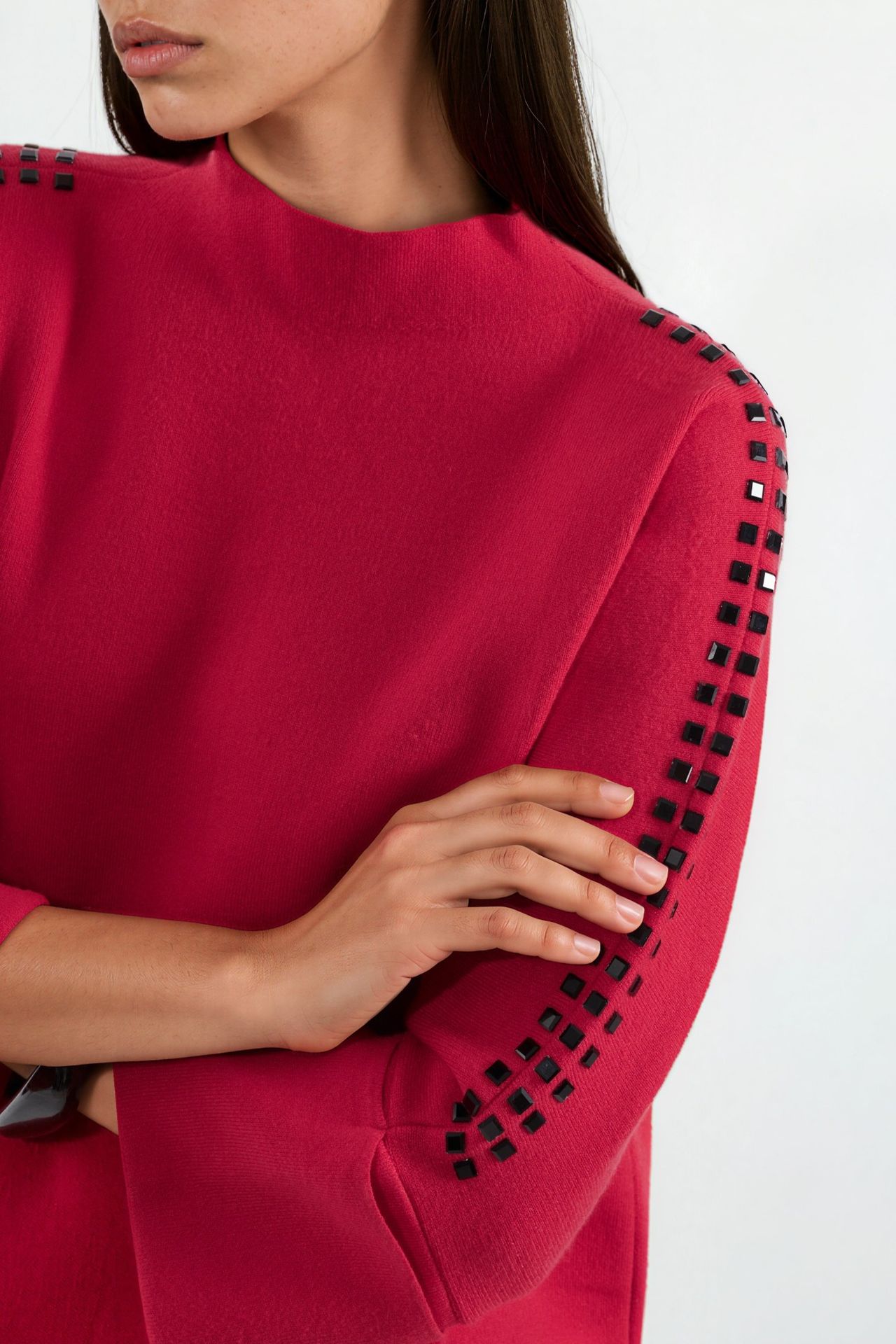 Mock Neck Knit Sweater with Stone Accessory Detail 4